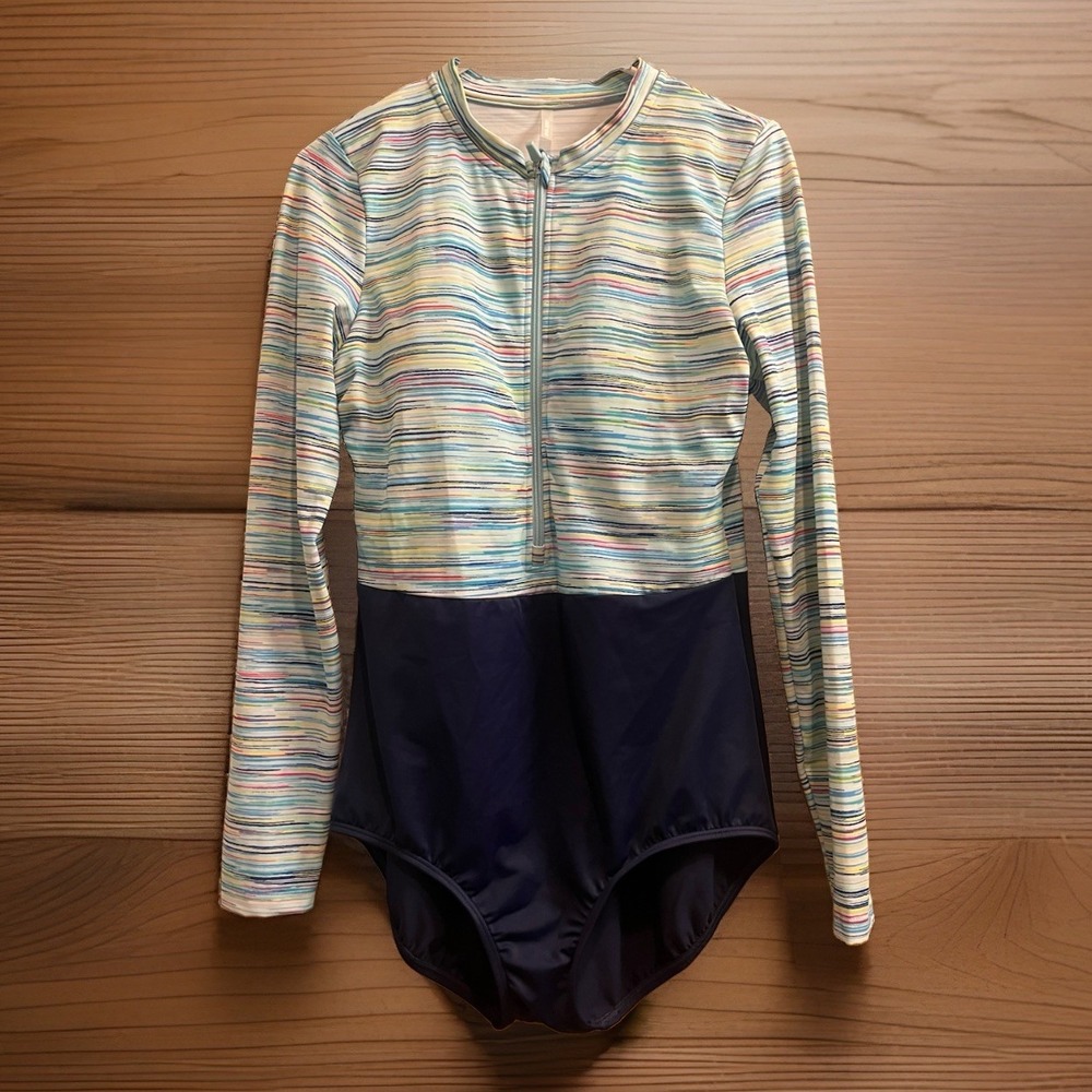 Lands' End Striped Pastel Long Sleeve One-Piece with Navy Bottom